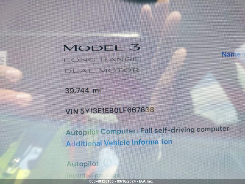 2020 Tesla Model 3 VIN: 5YJ3E1EB0LF667638 Lot: 40325155