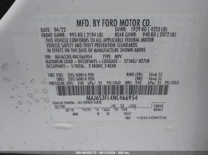 MAJ6S3FL4NC466954 2022 Ford Ecosport S