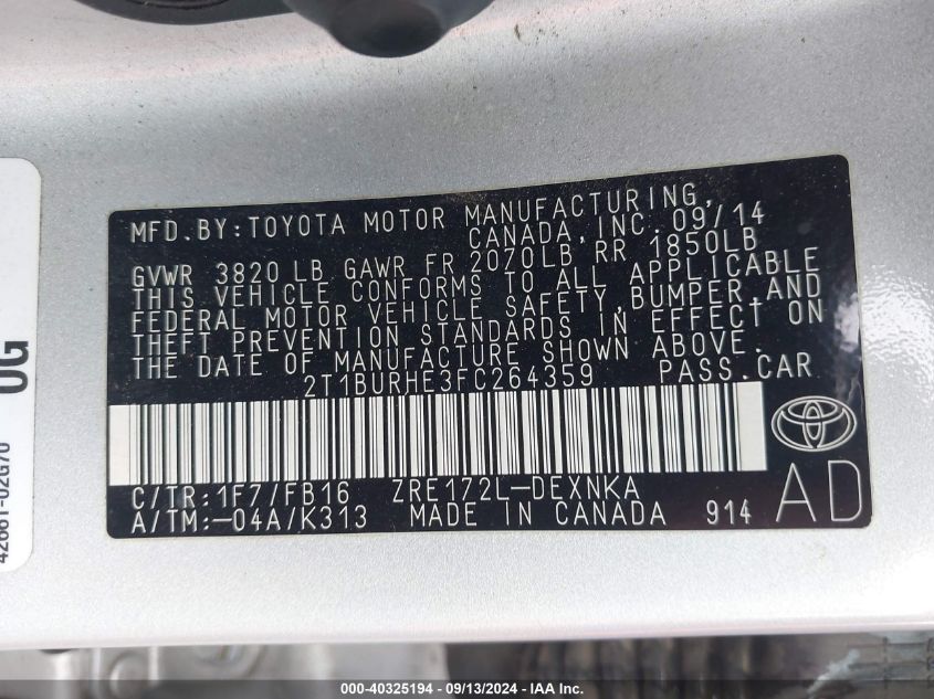 2015 TOYOTA COROLLA LE PLUS - 2T1BURHE3FC264359