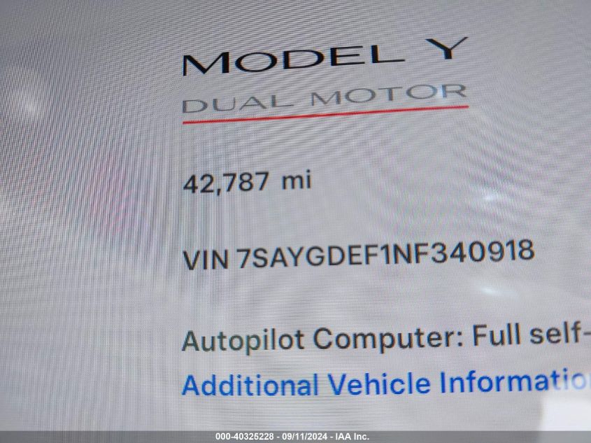 2022 Tesla Model Y Performance Dual Motor All-Wheel Drive VIN: 7SAYGDEF1NF340918 Lot: 40325228