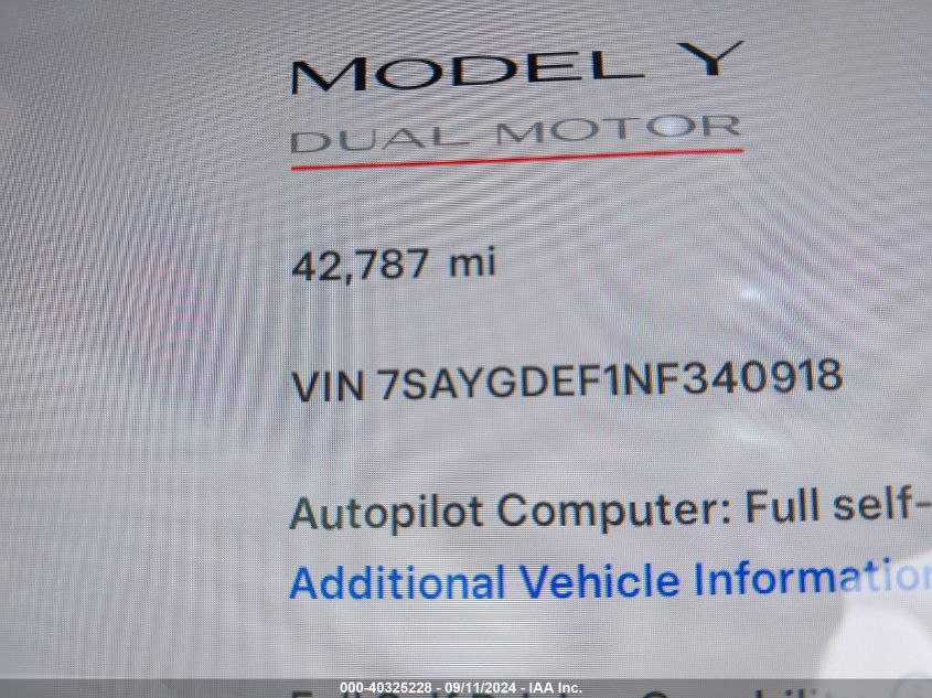 2022 Tesla Model Y Performance Dual Motor All-Wheel Drive VIN: 7SAYGDEF1NF340918 Lot: 40325228