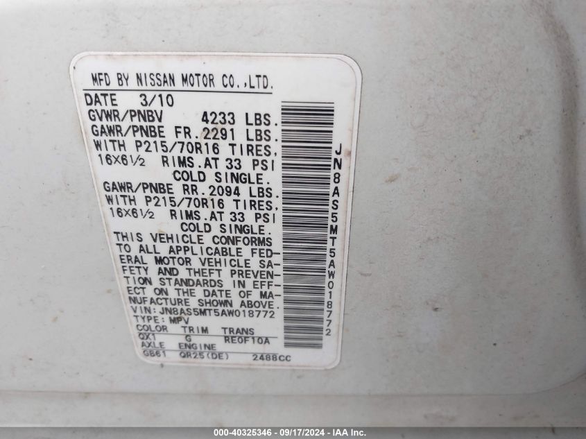 2010 Nissan Rogue S VIN: JN8AS5MT5AW018772 Lot: 40325346