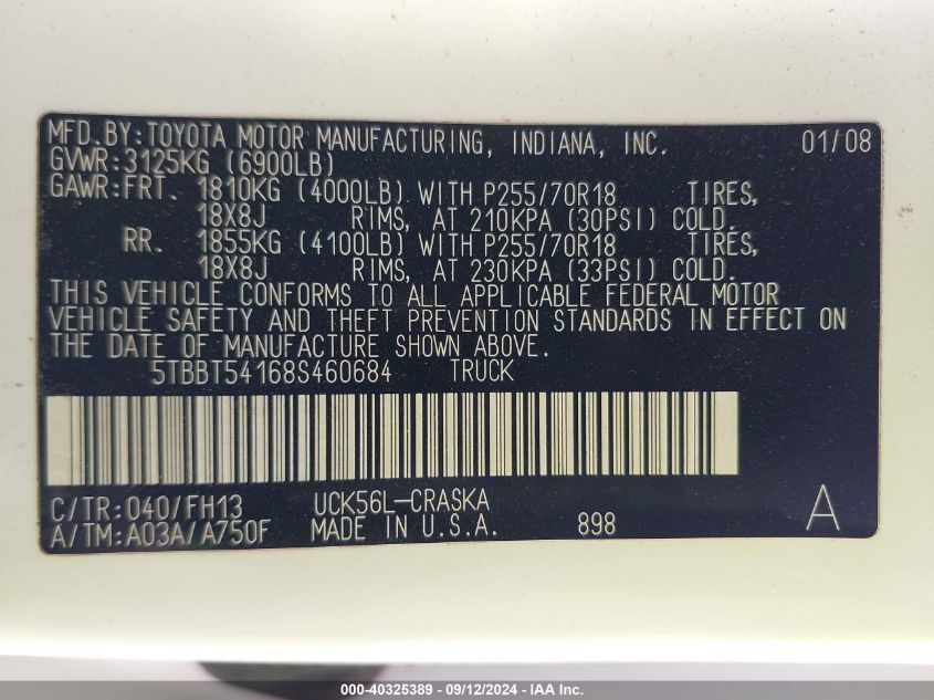 2008 Toyota Tundra Double Cab/Double Cab Sr5 VIN: 5TBBT54168S460684 Lot: 40325389