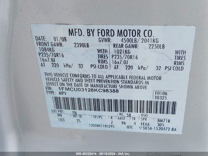 1FMCU03128KC98388 2008 Ford Escape Xlt