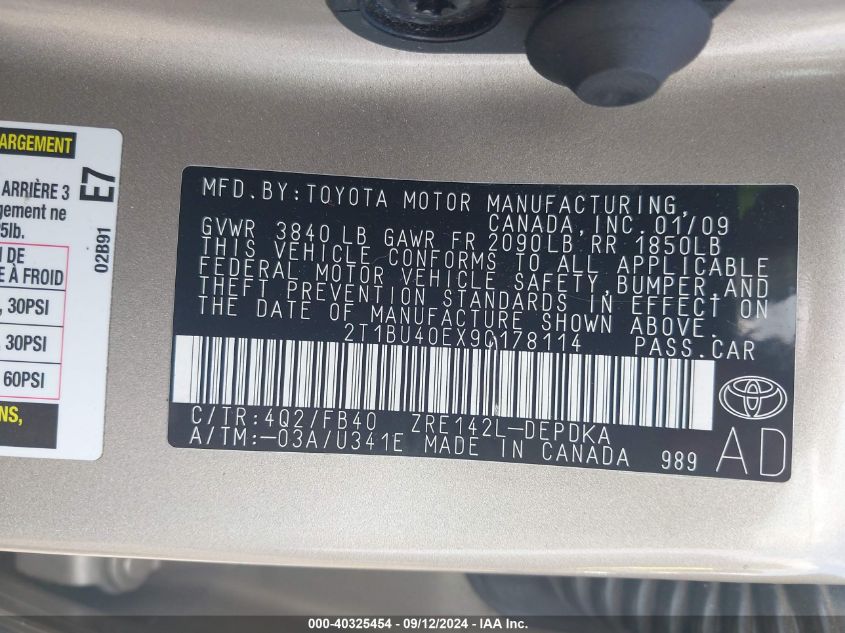 2009 Toyota Corolla Le VIN: 2T1BU40EX9C178114 Lot: 40325454