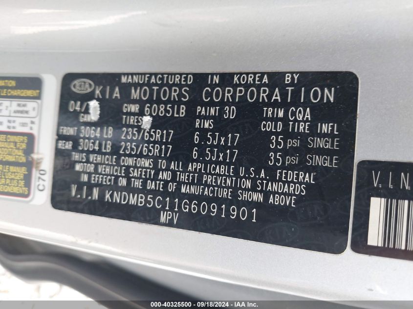 KNDMB5C11G6091901 2016 Kia Sedona Lx