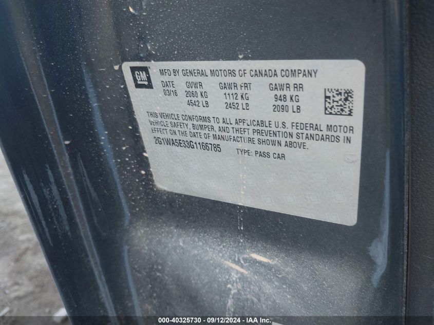 2G1WA5E33G1166785 2016 Chevrolet Impala Limited Ls