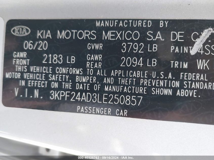 2020 Kia Forte Lxs VIN: 3KPF24AD3LE250857 Lot: 40325763