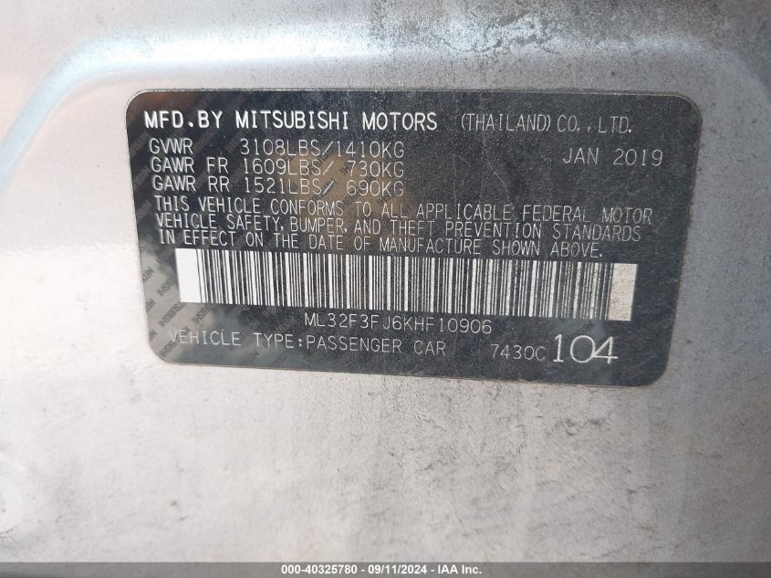 ML32F3FJ6KHF10906 2019 Mitsubishi Mirage G4 Es