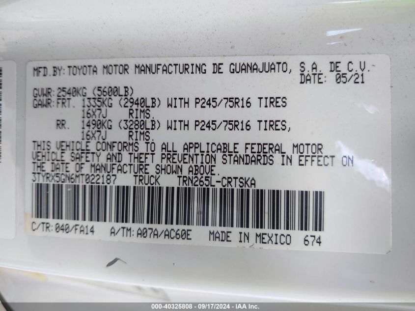 2021 Toyota Tacoma Sr VIN: 3TYRX5GN6MT022187 Lot: 40325808