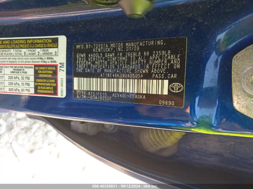 4T1BE46K39U405054 2009 Toyota Camry Se/Le/Xle