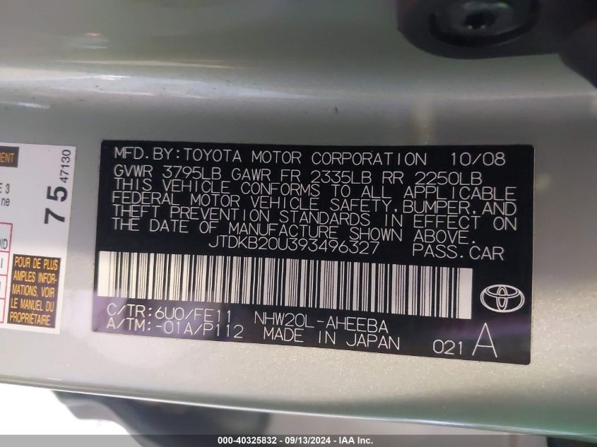 2009 Toyota Prius VIN: JTDKB20U393496327 Lot: 40325832