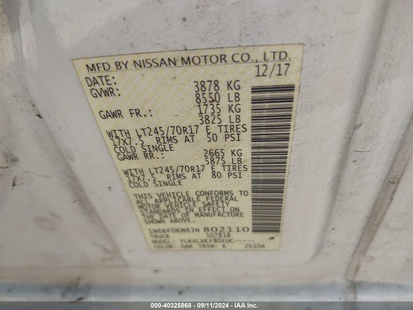 1N6BF0KM4JN802110 2018 Nissan Nv Cargo Nv1500 Sv V6