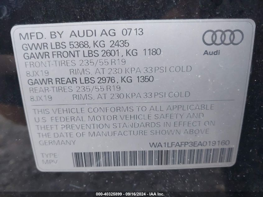 2014 Audi Q5 2.0T Premium VIN: WA1LFAFP3EA019160 Lot: 40325899