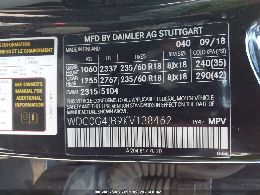 WDC0G4JB9KV138462 2019 Mercedes-Benz Glc 300