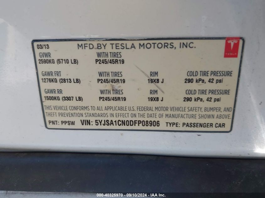 2013 Tesla Model S VIN: 5YJSA1CNODFP08906 Lot: 40325970