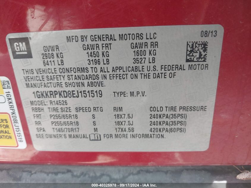 1GKKRPKD8EJ151519 2014 GMC Acadia Sle-2