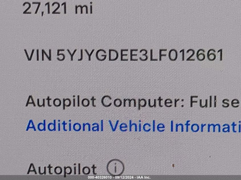 2020 Tesla Model Y VIN: 5YJYGDEE3LF012661 Lot: 40326010