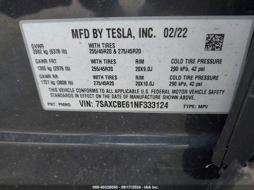 2022 Tesla Model X VIN: 7SAXCBE61NF333124 Lot: 40326050