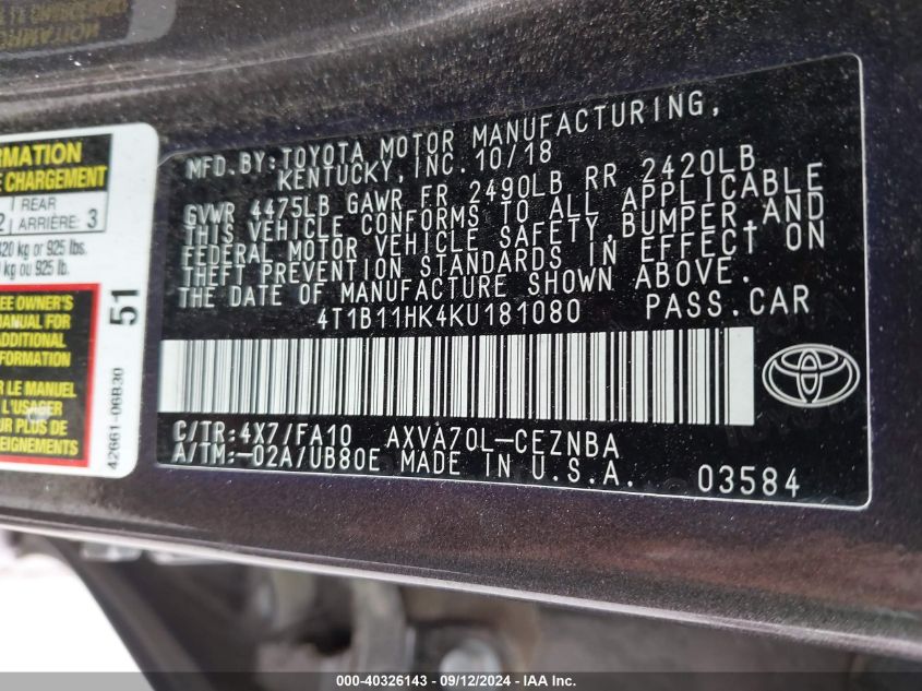 2019 Toyota Camry Le VIN: 4T1B11HK4KU181080 Lot: 40326143