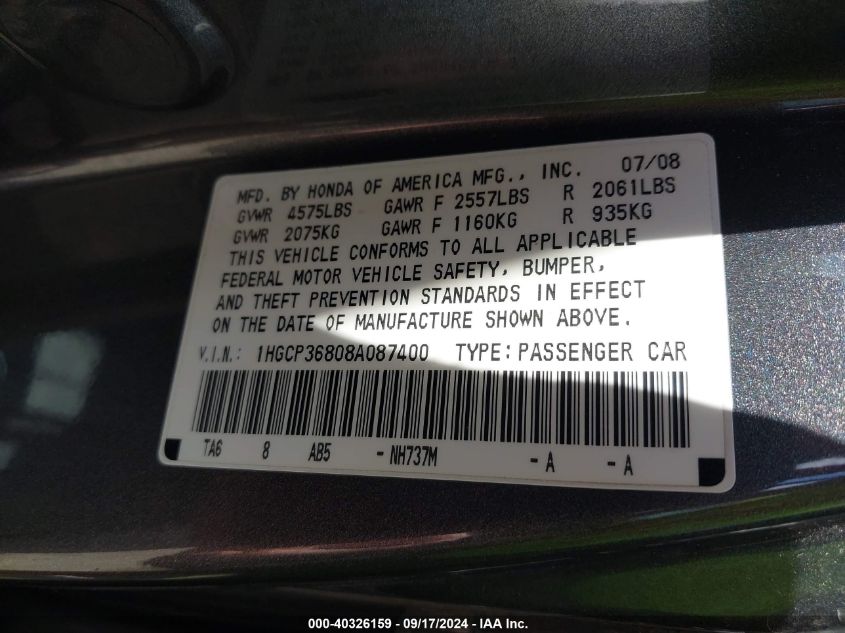 1HGCP36808A087400 2008 Honda Accord 3.5 Ex-L