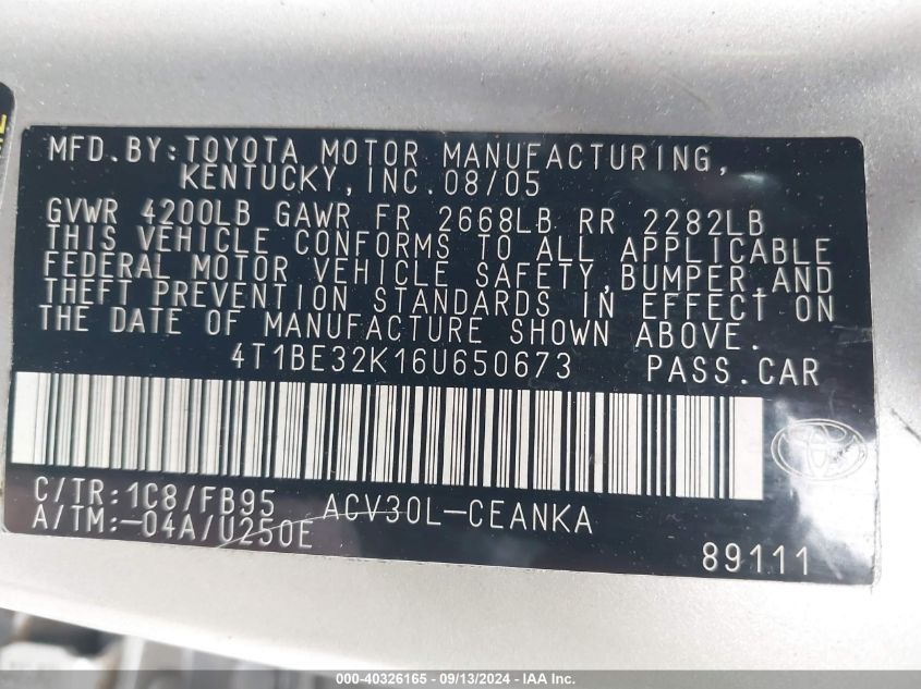 4T1BE32K16U650673 2006 Toyota Camry Std