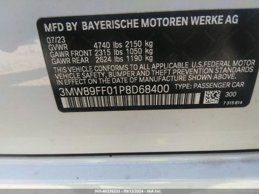 2023 BMW 330I xDrive VIN: 3MW89FF01P8D68400 Lot: 40326233