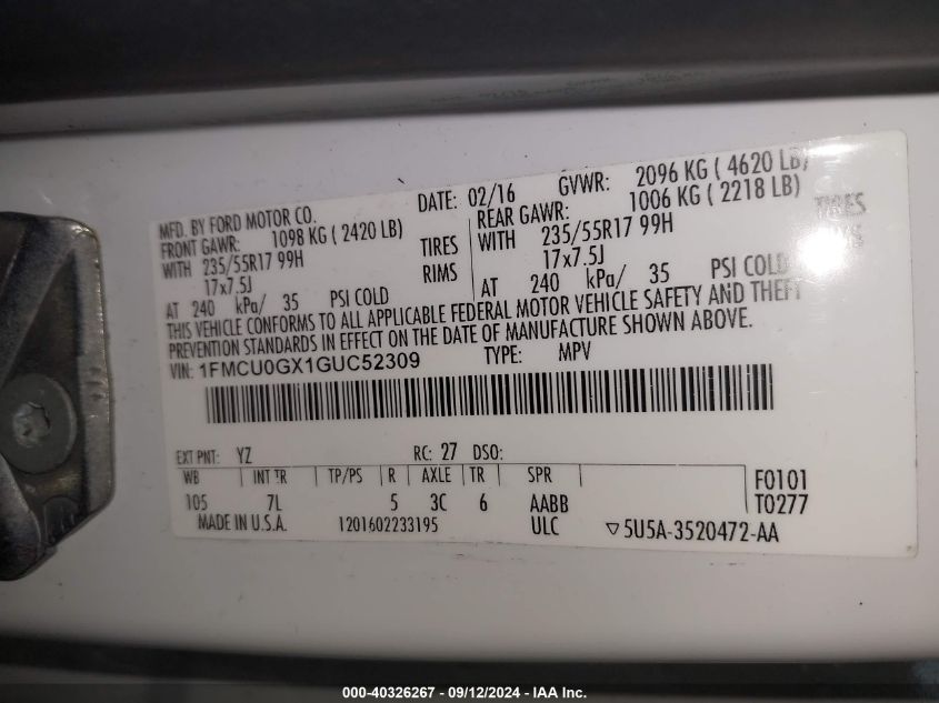 2016 FORD ESCAPE SE - 1FMCU0GX1GUC52309