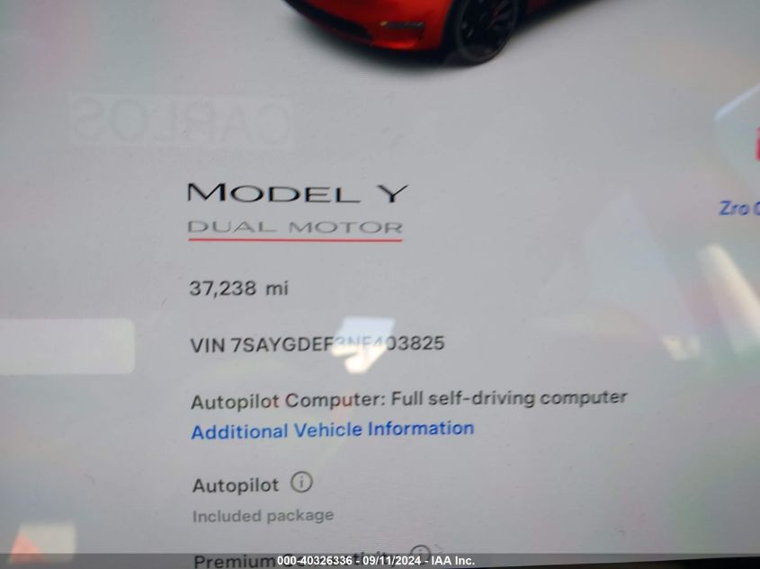 2022 Tesla Model Y Performance Dual Motor All-Wheel Drive VIN: 7SAYGDEF3NF403825 Lot: 40326336