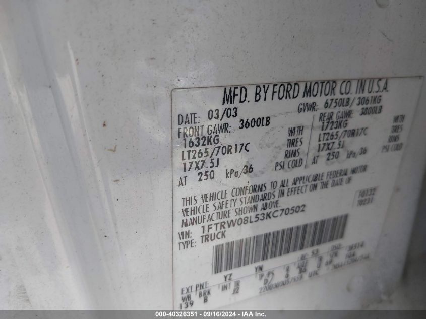 1FTRW08L53KC70502 2003 Ford F-150 Lariat/Xlt