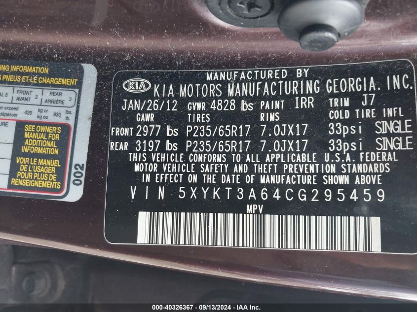 5XYKT3A64CG295459 2012 Kia Sorento Lx