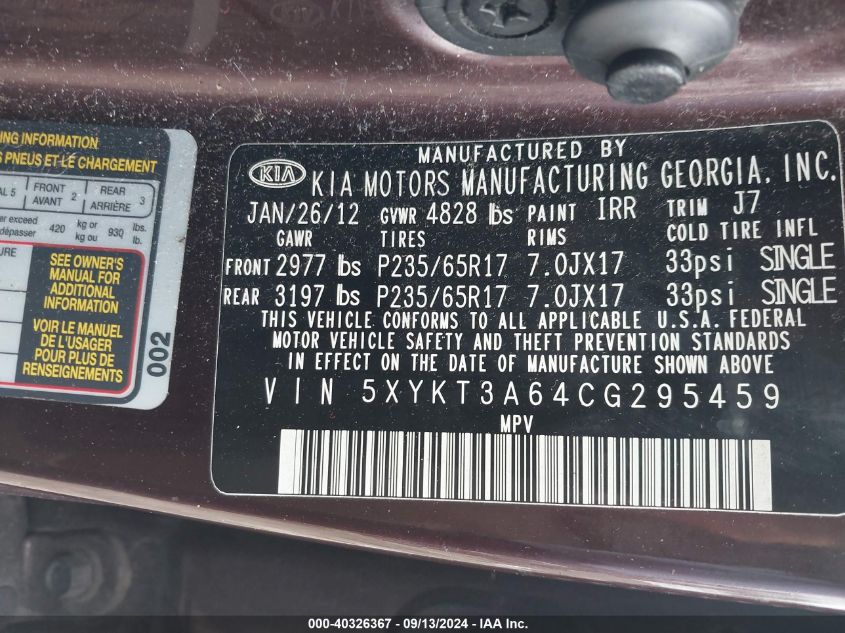 2012 Kia Sorento Lx VIN: 5XYKT3A64CG295459 Lot: 40326367