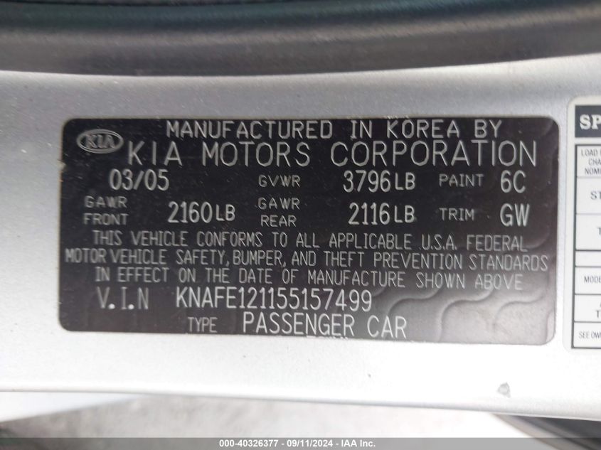 KNAFE121155157499 2005 Kia Spectra Ex/Lx/Sx