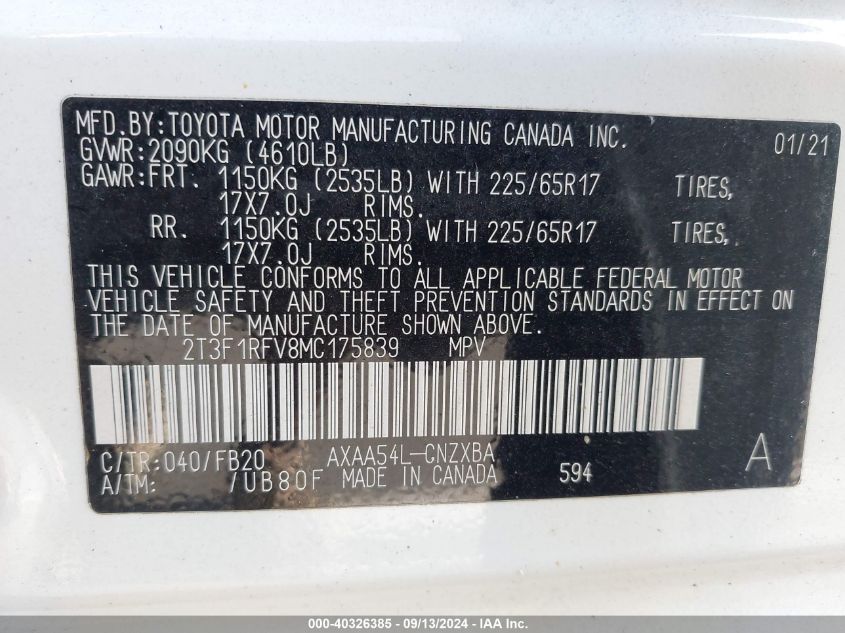 2021 Toyota Rav4 Le VIN: 2T3F1RFV8MC175839 Lot: 40326385