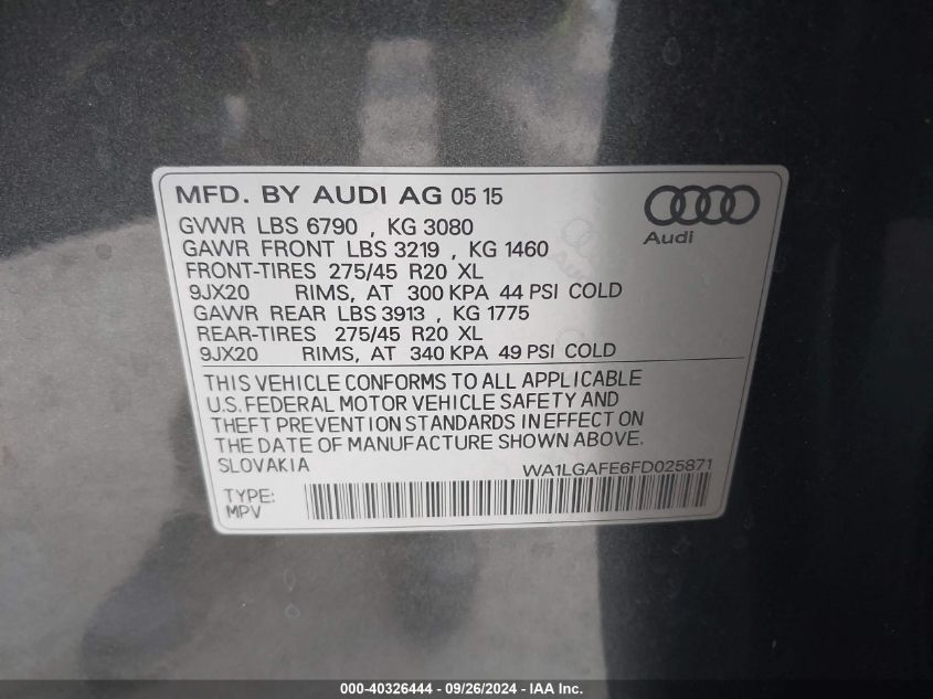 2015 Audi Q7 3.0T Premium VIN: WA1LGAFE6FD025871 Lot: 40326444