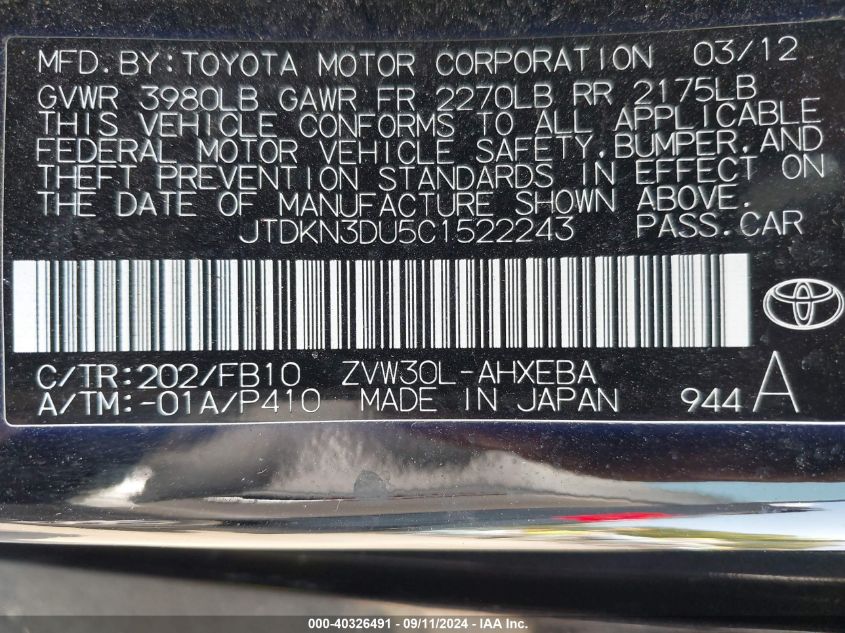 2012 Toyota Prius Two VIN: JTDKN3DU5C1522243 Lot: 40326491