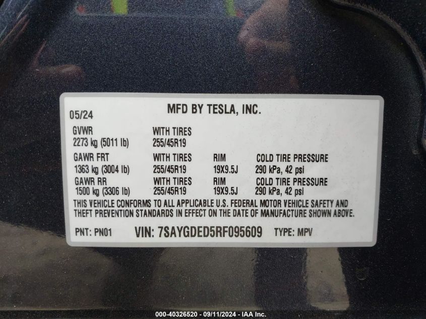 2024 Tesla Model Y Long Range Dual Motor All-Wheel Drive/Rwd VIN: 7SAYGDED5RF095609 Lot: 40326520