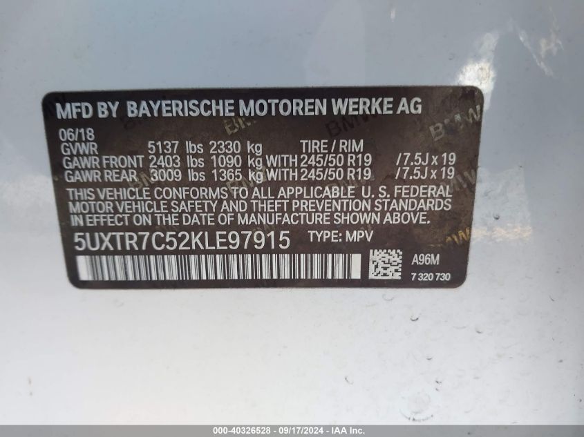 5UXTR7C52KLE97915 2019 BMW X3 Sdrive30I