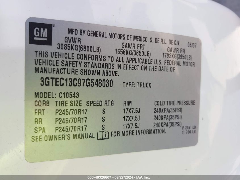 2007 GMC Sierra 1500 Sl VIN: 3GTEC13C97G548030 Lot: 40326607