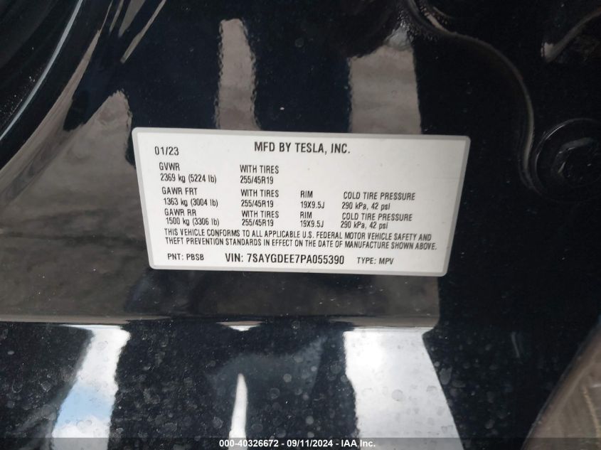 2023 Tesla Model Y Awd/Long Range Dual Motor All-Wheel Drive VIN: 7SAYGDEE7PA055390 Lot: 40326672