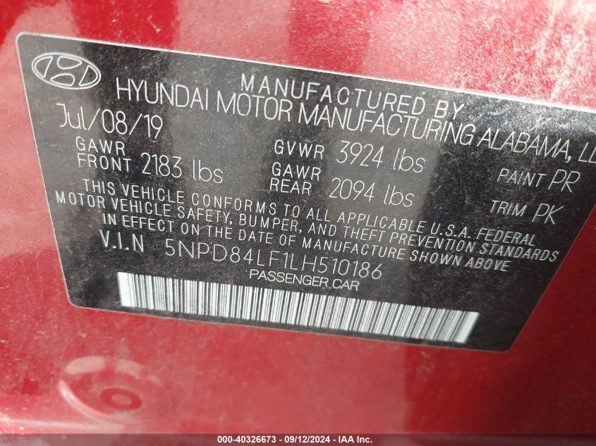 2020 Hyundai Elantra Sel VIN: 5NPD84LF1LH510186 Lot: 40326673