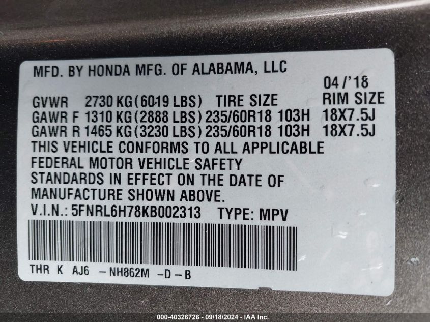 2019 Honda Odyssey Ex-L VIN: 5FNRL6H78KB002313 Lot: 40326726