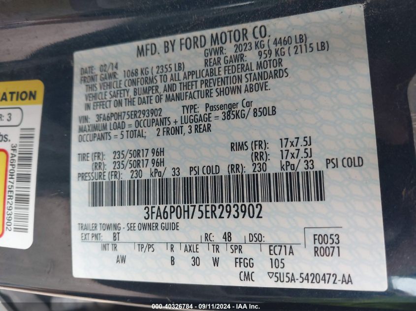 2014 FORD FUSION SE - 3FA6P0H75ER293902