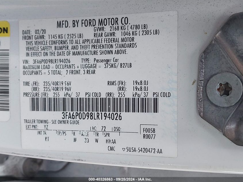 2020 Ford Fusion Titanium VIN: 3FA6P0D98LR194026 Lot: 40326863