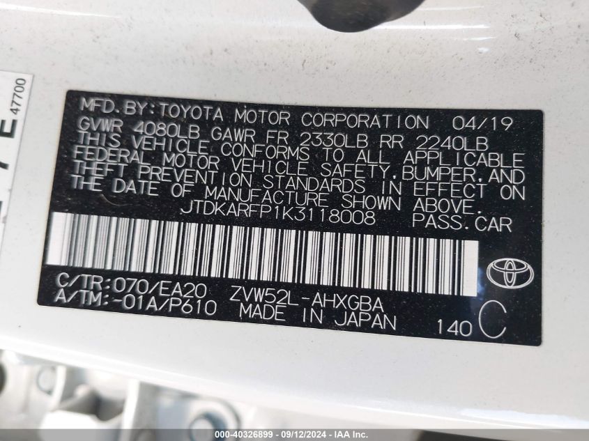 2019 Toyota Prius Prime Advanced VIN: JTDKARFP1K3118008 Lot: 40326899