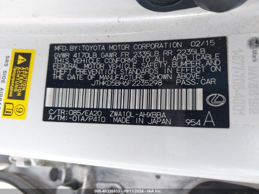 JTHKD5BH6F2235298 2015 Lexus Ct 200H