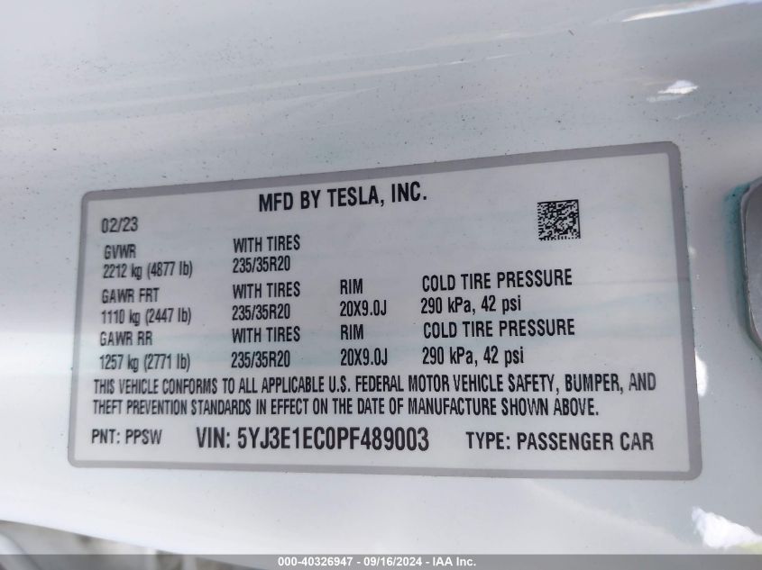 2023 Tesla Model 3 Performance Dual Motor All-Wheel Drive VIN: 5YJ3E1EC0PF489003 Lot: 40326947