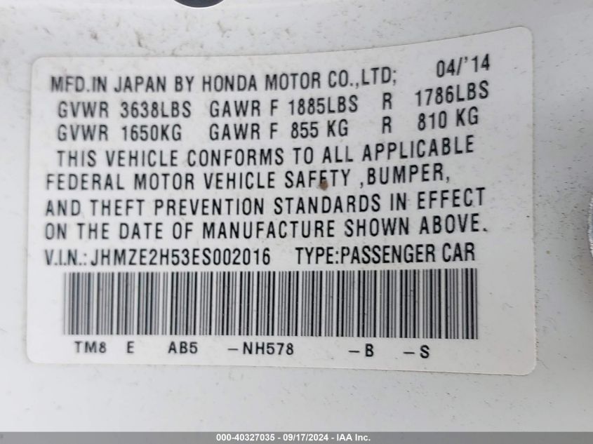 JHMZE2H53ES002016 2014 Honda Insight Lx