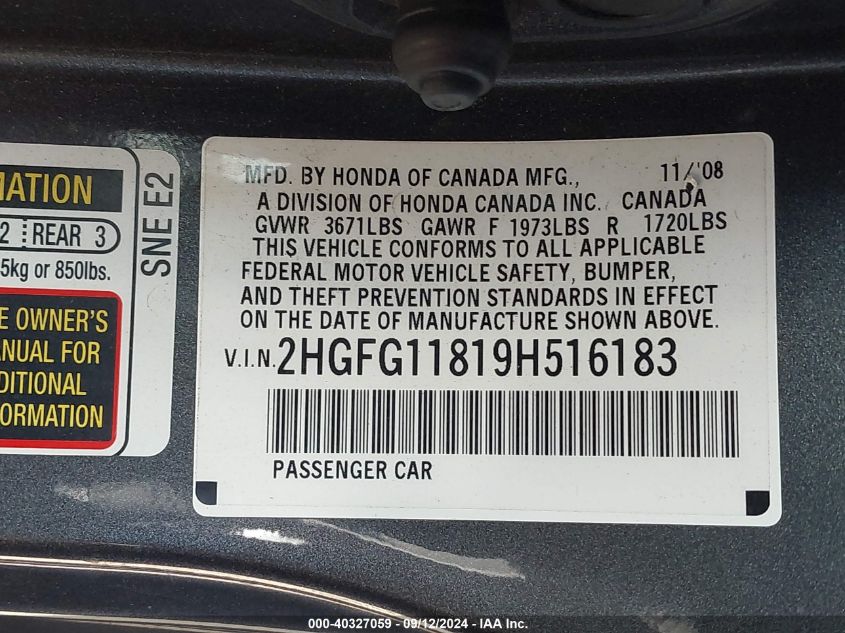 2009 Honda Civic Ex VIN: 2HGFG11819H516183 Lot: 40327059