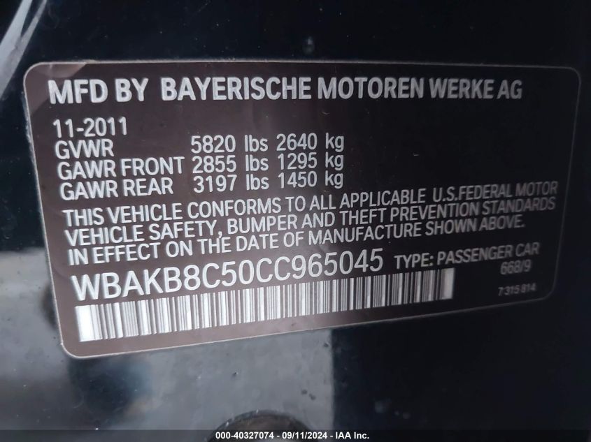 2012 BMW 750Li VIN: WBAKB8C50CC965045 Lot: 40327074